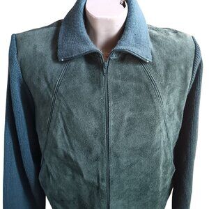 Vintage Men's Large Suede Jacket 80's Ultra Nerd Forest Green Knit Sleeve Bomber